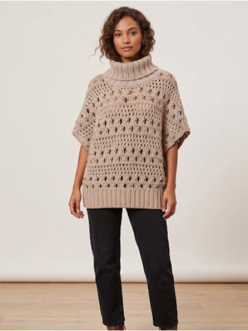 Jennifer Lopez Taupe Open-Knit Turtleneck Poncho Sweater
